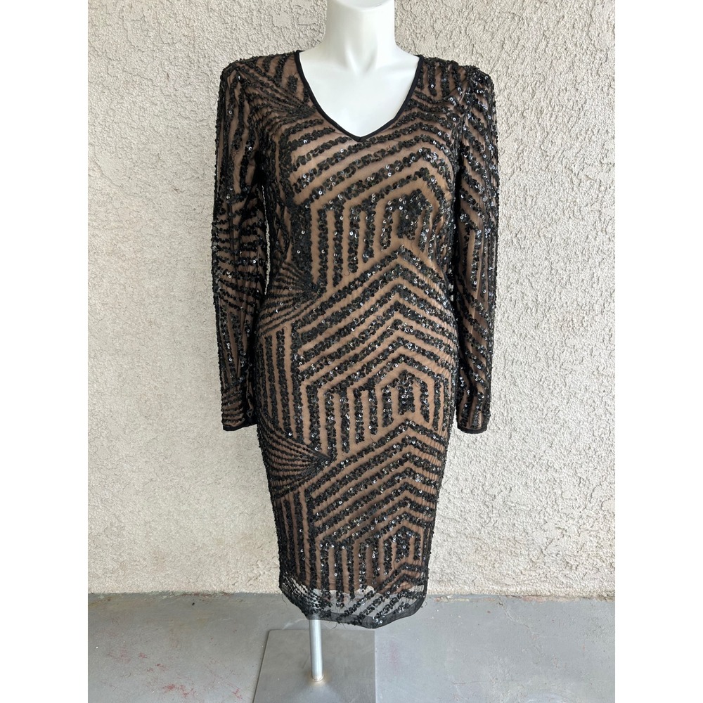 Frank Lyman Sequin Dress Size 12 Black Nude NWT Sheath Cocktail Formal *Pls Read